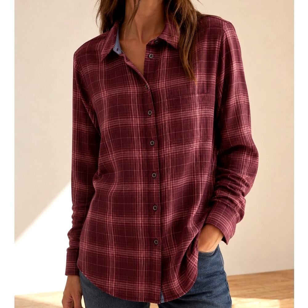 Ariat Women’s Burgundy Plaid Button-Down Western Shirt Cowgirl Ranch– Size Large